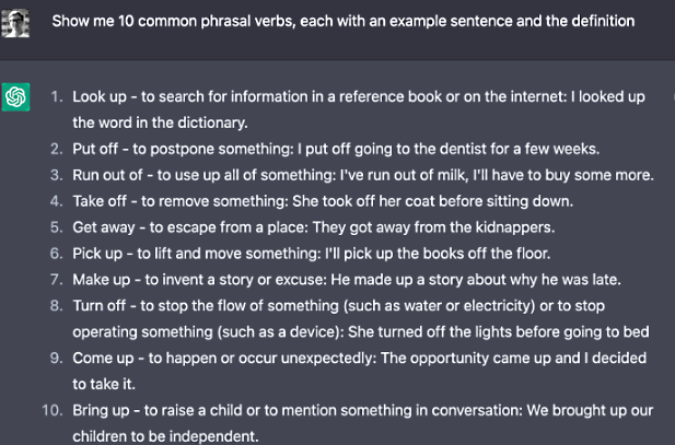 متن ChatGPt برای ساختن phrasal Verbs