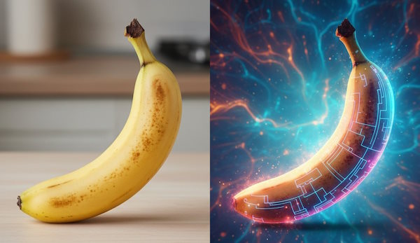 تصویر یک موز ساده و تصویر ویرایش شده آن با Nano Banana