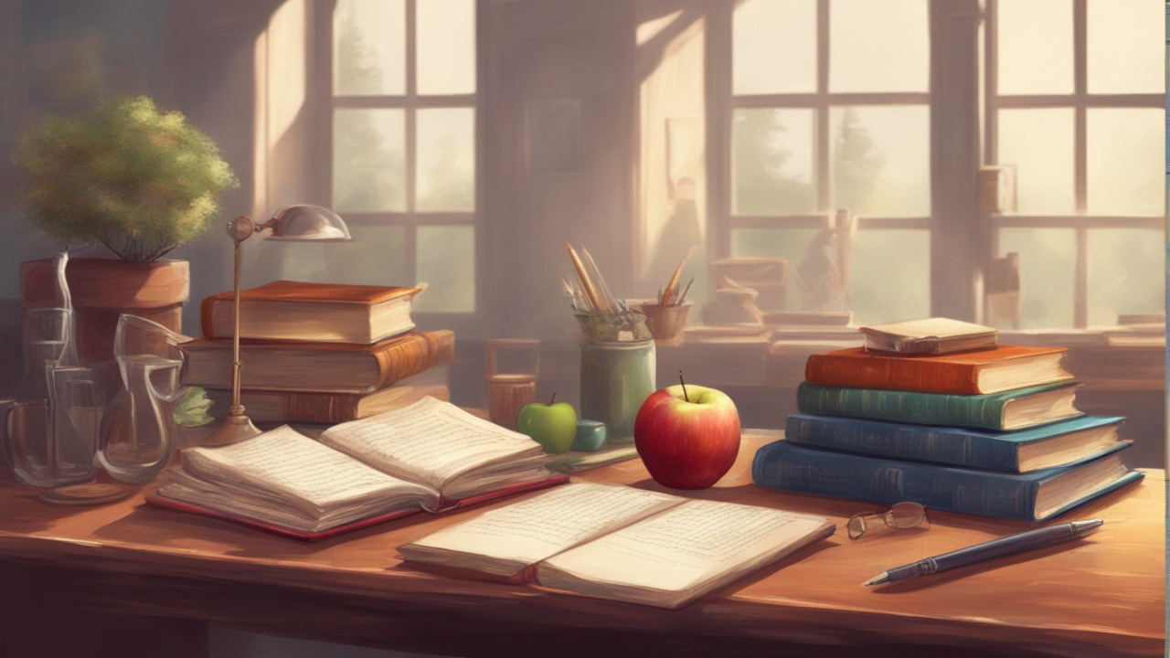 چند کتاب و یک سیب روی میز