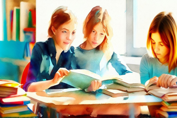سه دختر دانش‌آموز در حال خواندن کتاب