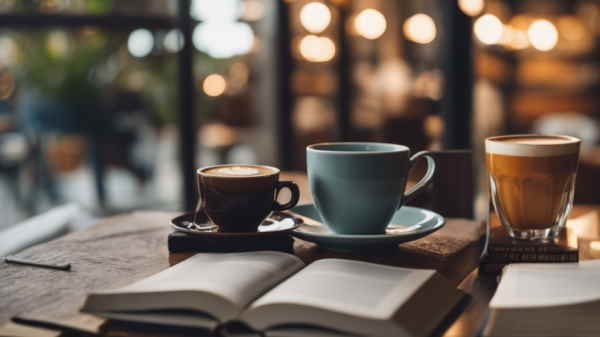 تصویر دو فنجان قهوه و یک کتاب در کافه