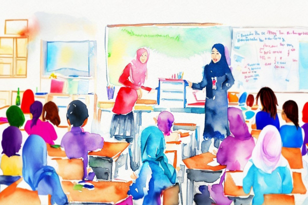 دو معلم با حجاب در حال درس دادن به دانش‌آموزها در کلاس