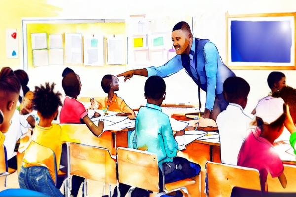یک معلم سیاهپوست در حال درس پرسیدن از شاگردانش