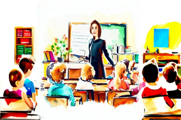 یک معلم زن دوران دبستان در حال درس دادن در کلاس