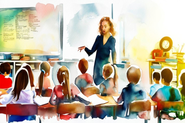 یک معلم زن در حال توضیح دادن درس به شاگردانش در کلاس