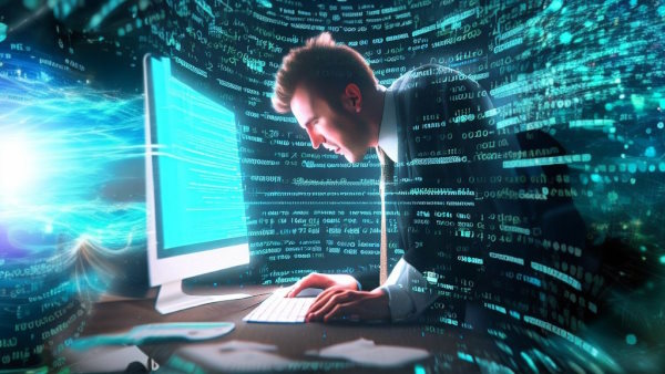 مردی در حال ترید با کامپیوتر و احاطه شده با قطعه کدهای مختلف