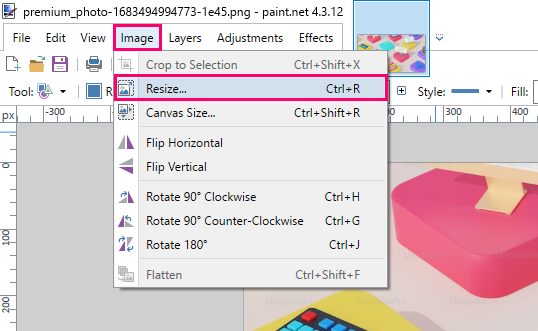 اسکرین شات انتخاب گزینه resize در paint.net