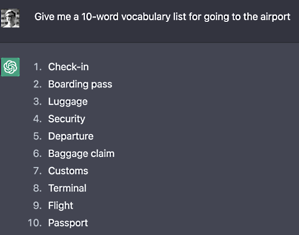 پاسخ ChatGPt به معرفی ۱۰ کلمه برای رفتن به فرودگاه