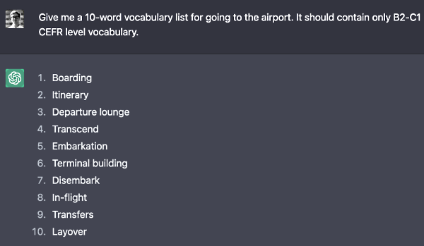 پاسخ ChatGPt به معرفی ۱۰ کلمه سطح متوسط برای فرودگاه