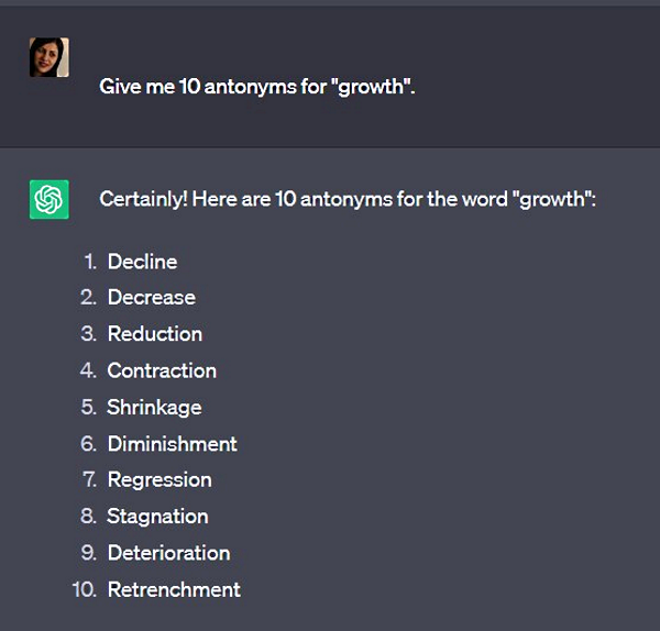 پاسخ ChatGPT به متضاد کلمه growth