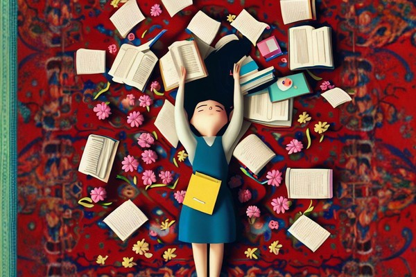 دختری بین کاغذها و کتاب ها دراز کشیده