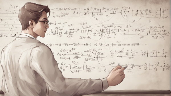 تصویر گرافیکی یک معلم پای تخته پر از معادله در حال نوشتن (تصویر تزئینی مطلب مشتق Cos)