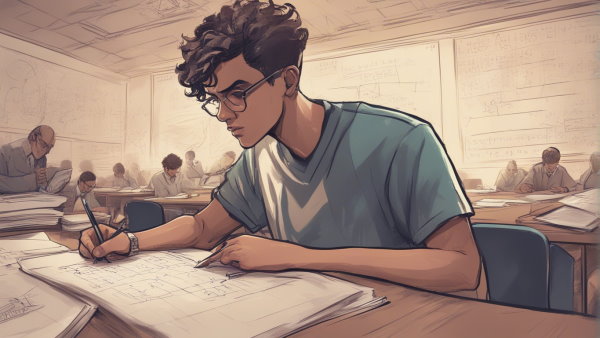 تصویر گرافیکی دانش آموز در حال نوشتن پشت میز