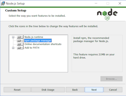 انتخاب گزینه Npm Package Manager در نصب node.js در ویندوز