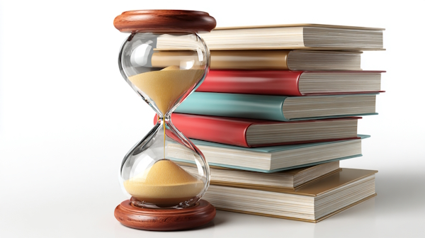 چند جلد کتاب روی هم در کنار ساعت شنی