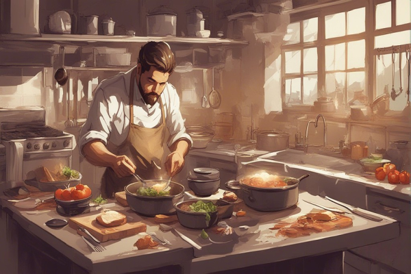 یک مرد در حال آشپزی در آشپزخانه رستوران