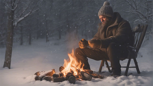 مردی در روز برفی برای گرم شدن کنار آتش نشسته است ۰ انتقال حرارت تشعشعی