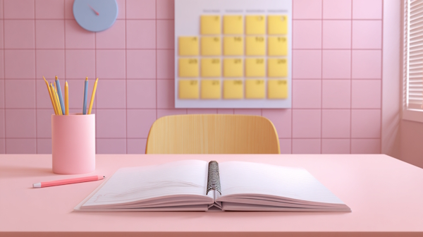 میزکار در کنار تقویم و یک دفتر باز روی میز - برنامه ریزی برای درس خواندن