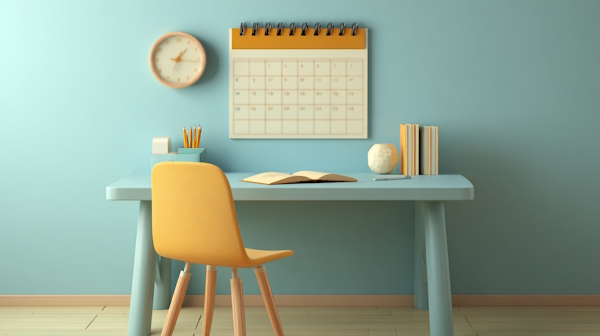 میز کار با تقویم و ساعت نصب شده روی دیوار