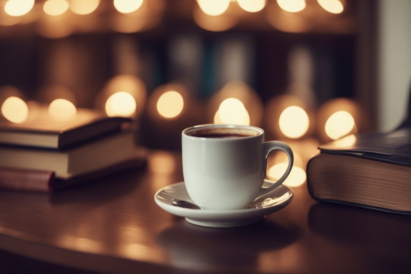 تصویر یک فنجان قهوه در کنار یک کتاب