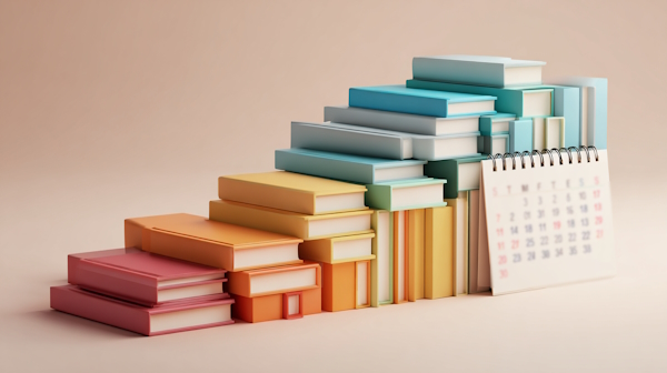 دسته کتاب ها به صورت پله ای روی هم در کنار تقویم