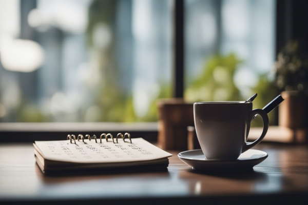 تصویر یک تقویم در کنار یک فنجان قهوه روی میز