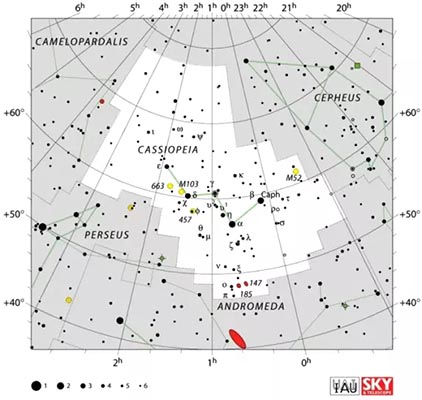 صورت فلکی ذات الکرسی در نقشه ستارگان در آسمان