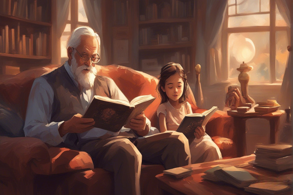 پدربزرگ و نوه در حال مطالعه