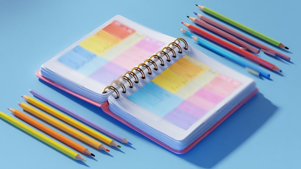 دفتر برنامه ریزی با چند مداد رنگی
