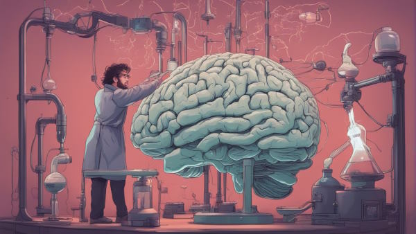 دانشمند در حال تزریق الگوریتم هوش مصنوعی به مغز