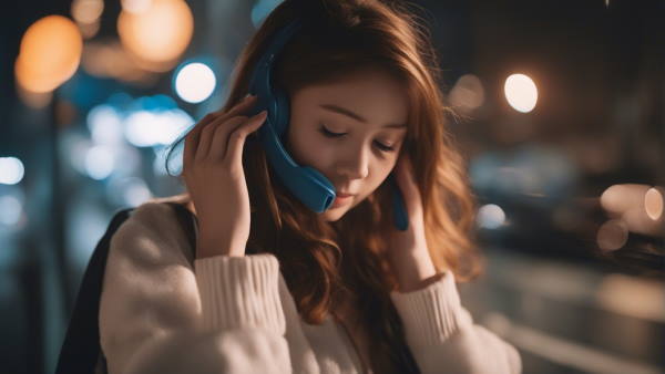 دختری در حال گوش دادن به موسیقی در خیابان