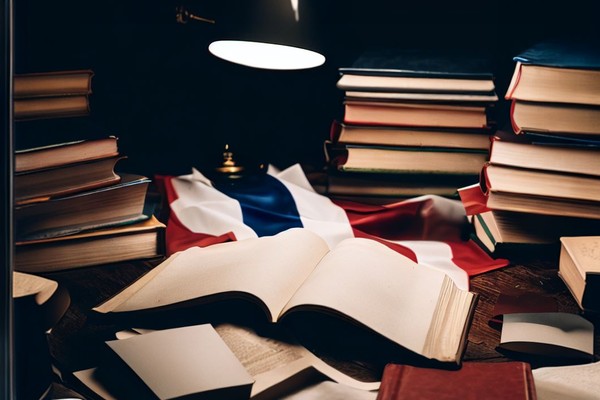 کتاب و چراغ مطالعه و پرچم فرانسه روی میز تحریر