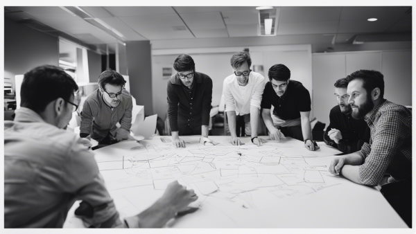 افراد عضو تیم با هم دور میز و در حال رفع مشکلات ـ پیاده‌سازی تفکر طراحی