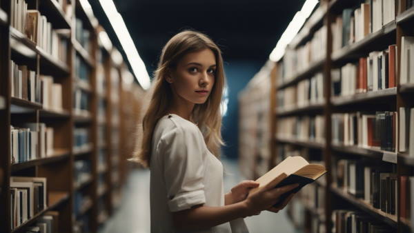 دختری با کتابی در دست در کتابخانه