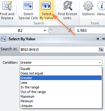دکمه select special برای پیدا کردن اعداد بزرگتر از یک مقدار در اکسل