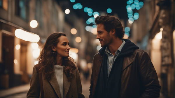 زن و مردی در خیابان در حال صحبت کردن