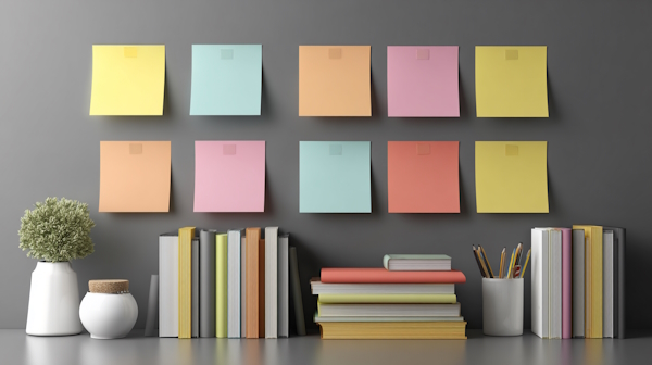 کاغذهای چسبان رنگی روی دیوار در کنار کتاب - برنامه ریزی برای درس خواندن