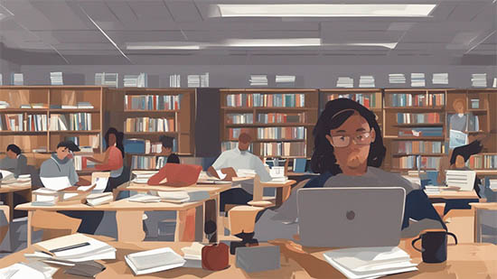 دانشجویی که در کتابخانه مطالعه می کند 