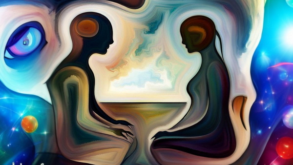 نقاشی زن و مرد نشسته مقابل هم