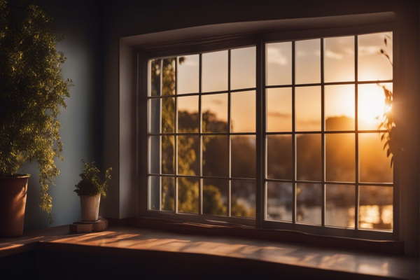 تصویر یک پنجره که طلوع آفتاب از آن پیداست