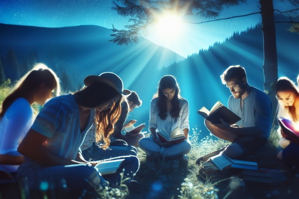 افرادی در حال کتاب خواندن زیر نور ماه هنگام طلوع آفتاب در سحر در طبیعت