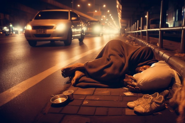 مرد سیاه‌پوست فقیری که در کنار خیابان خوابیده است.