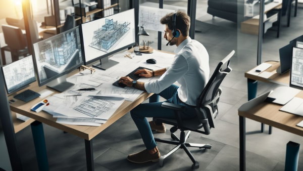 یک مهندس نشسته پشت میز کامپیوتر در حال کار با نقشه های ساختمان