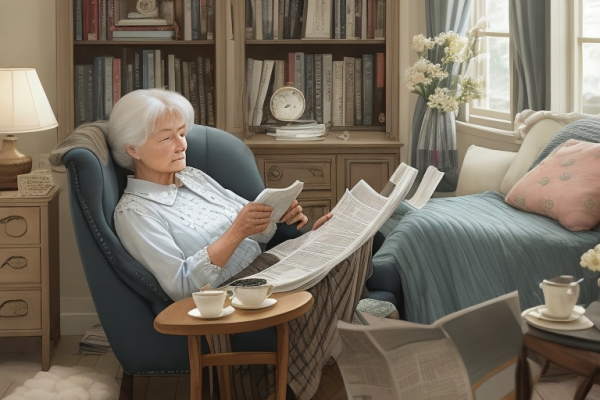 زن پیر در حال خواندن روزنامه