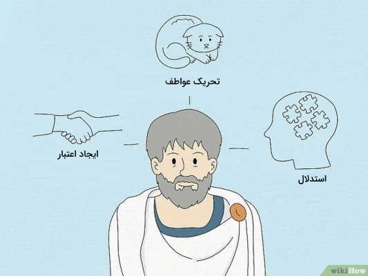 ارسطو با موهای سفید و در حال توضیح دادن سه اصل اساسی متقاعدسازی از نگاه او.