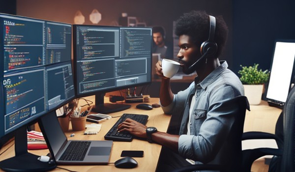 برنامه نویس جوان در حال نوشیدن قهوه و برنامه نویسی با لپتاپ خود در مقابل ۲ مانیتور بزرگ.