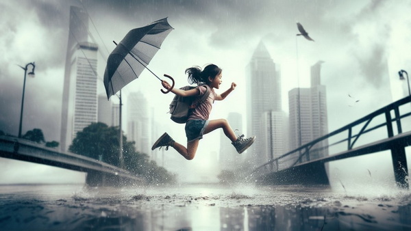 دختری خوشحال با چتر در باران