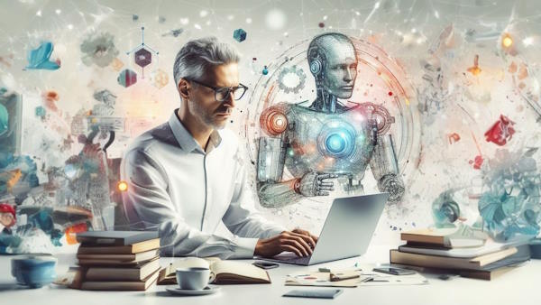 مردی در حال کار با کامپیوتر و مطالعه درباره هوش مصنوعی است