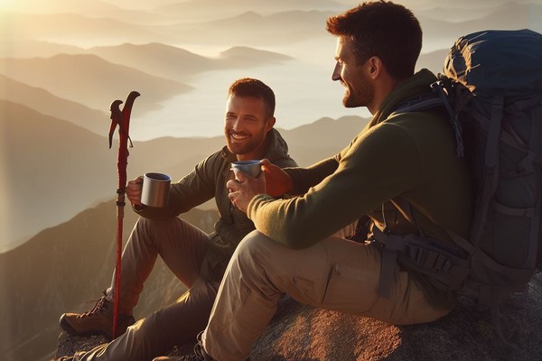 کوه‌نوردانی که به قله کوه رسیدند و در حال چای خوردن و استراحت هستند. 