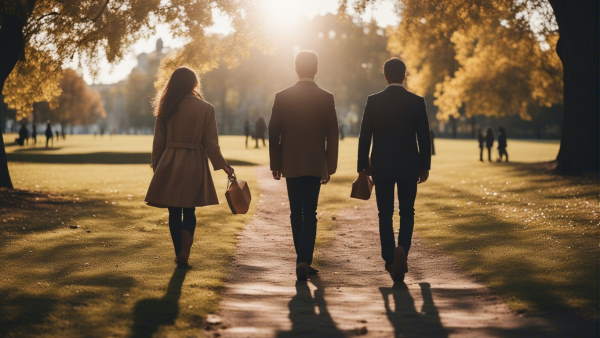 یک زن و دو مرد در حال قدم زدن در پارک